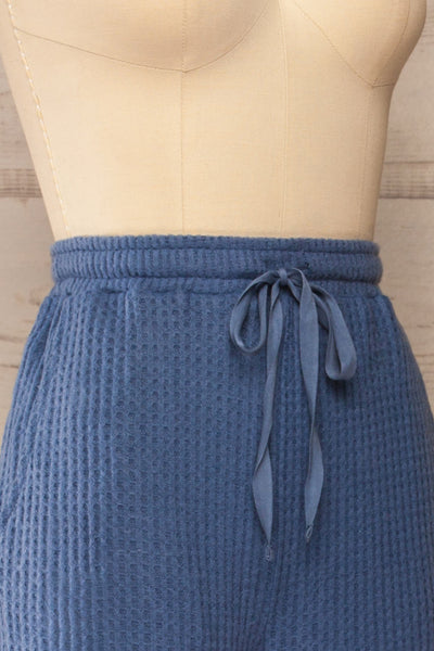 Morag Blue Knit Drawstring Joggers | La petite garçonne side close-up