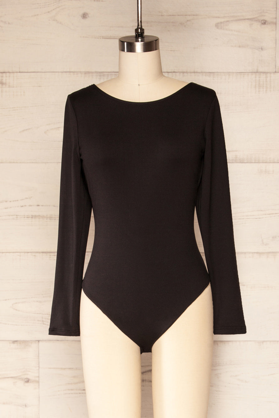 Debossed Contour Long Sleeve Bodysuit - Black