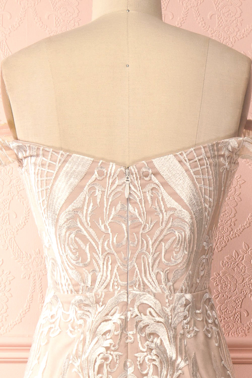 Mouna Pur Beige Embroidered Off-Shoulder Mermaid Gown | Boudoir 1861 back close-up