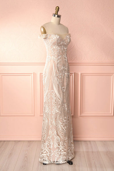Mouna Pur Beige Embroidered Off-Shoulder Mermaid Gown | Boudoir 1861 side view