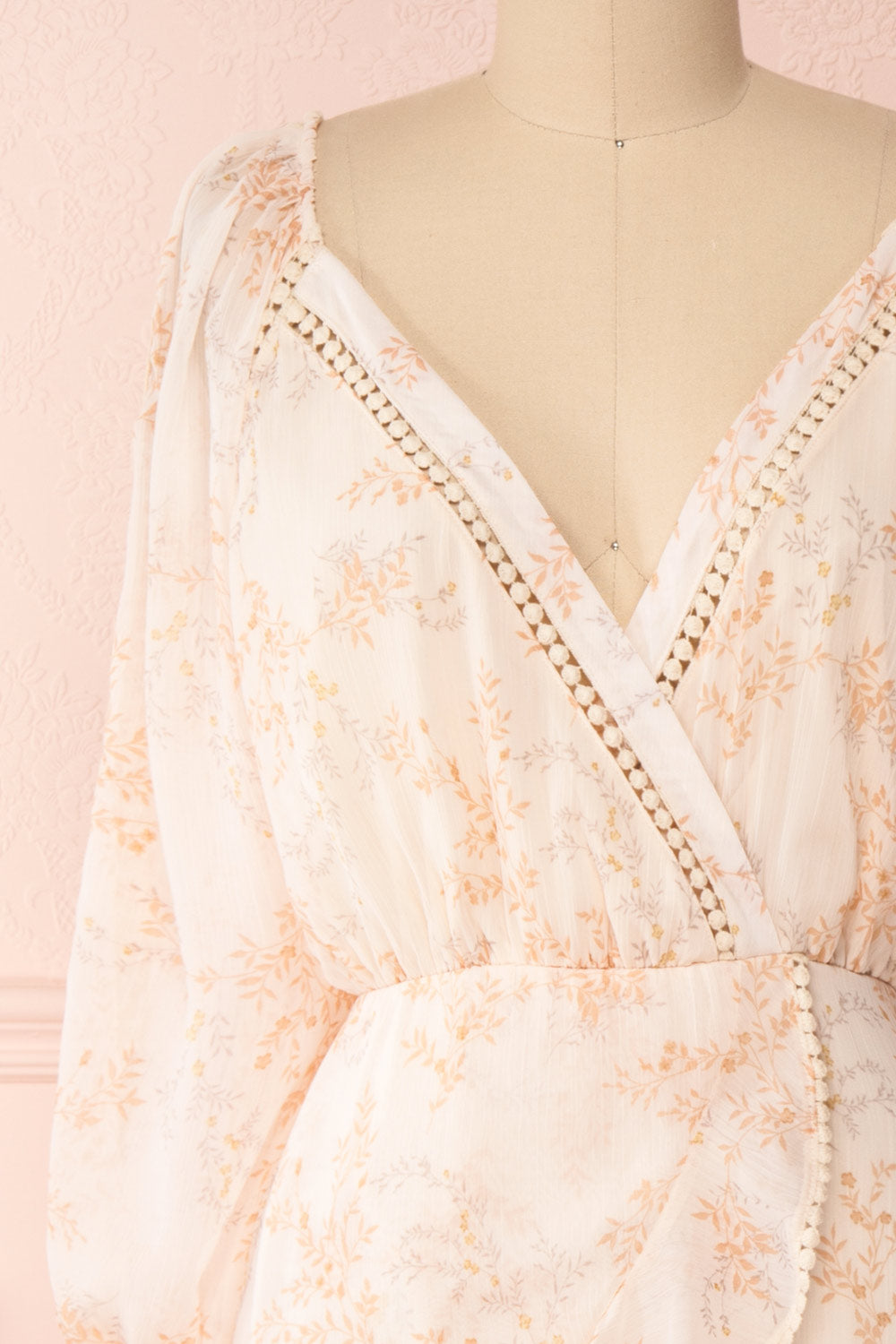 Mylene Light Pink Floral Short Dress w/ Frills | Boutique 1861 front close-up