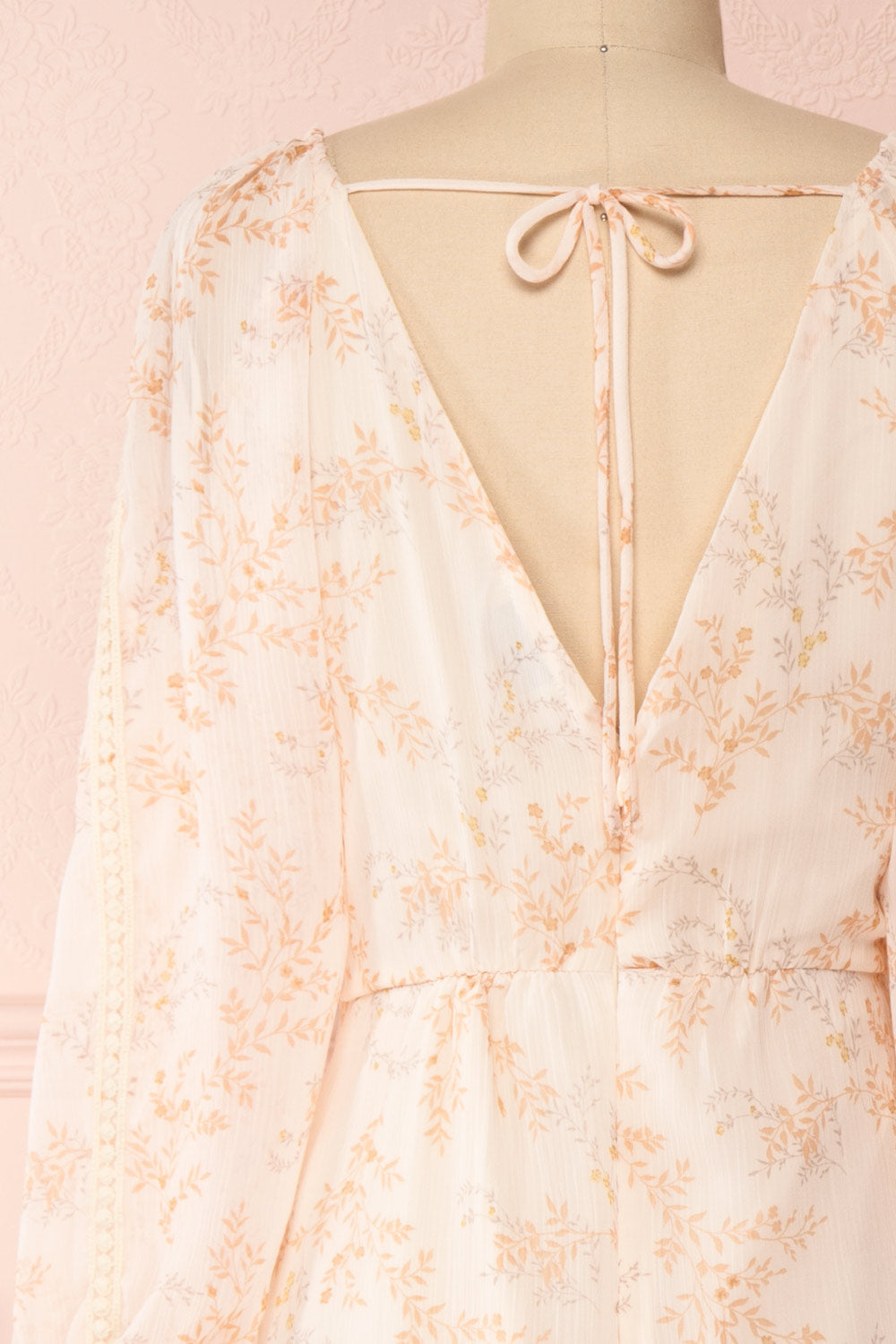 Mylene Light Pink Floral Short Dress w/ Frills | Boutique 1861 back close-up
