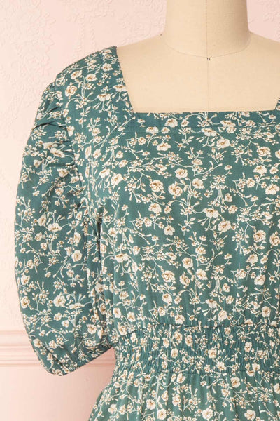 Nevzine Teal Floral 3/4 Sleeve Midi Dress | Boutique 1861 front close-up