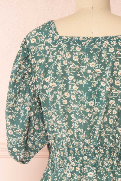 Nevzine Teal Floral 3/4 Sleeve Midi Dress | Boutique 1861 back close-up