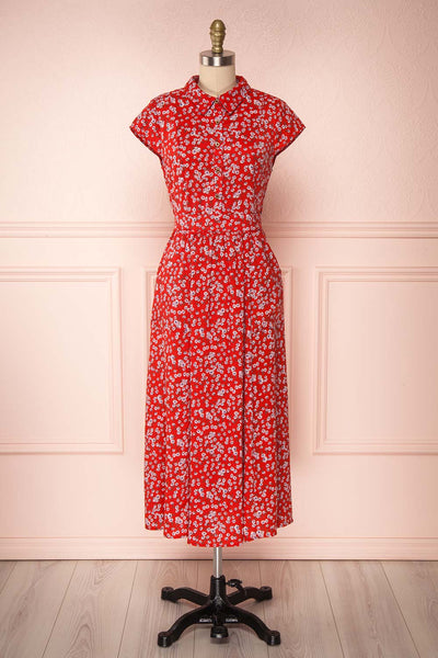 Naoka Red Floral Midi A-Line Dress | FRONT VIEW | Boutique 1861