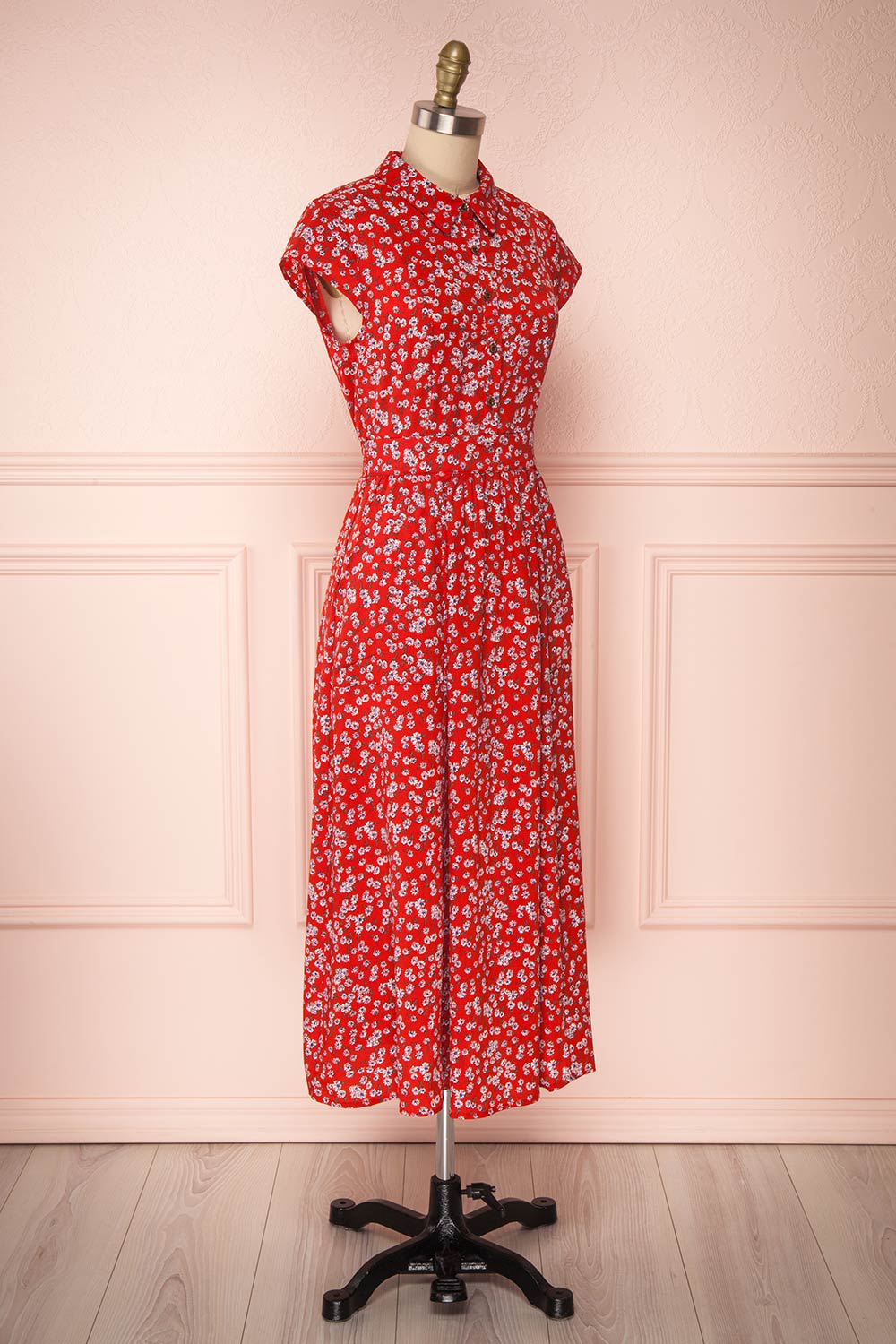 Naoka Red Floral Midi A-Line Dress | SIDE VIEW | Boutique 1861