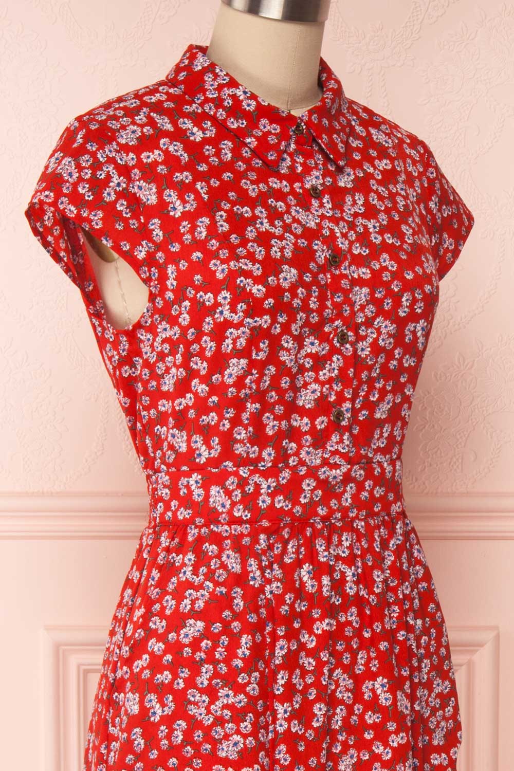 Naoka Red Floral Midi A-Line Dress | SIDE CLOSE UP | Boutique 1861