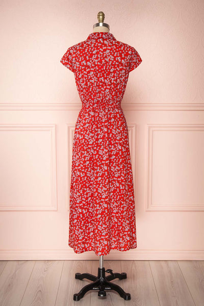 Naoka Red Floral Midi A-Line Dress | BACK VIEW | Boutique 1861