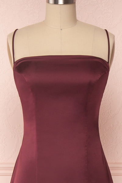 Naomie Burgundy Silky Mermaid Gown with Slit | Boudoir 1861 front close up