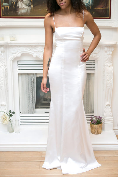 Naomie Ivory Silky Mermaid Gown with Slit | Boudoir 1861 front model shot