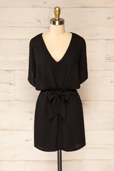 Naousa Black V-Neck Short Sleeve Dress | La petite garçonne front view