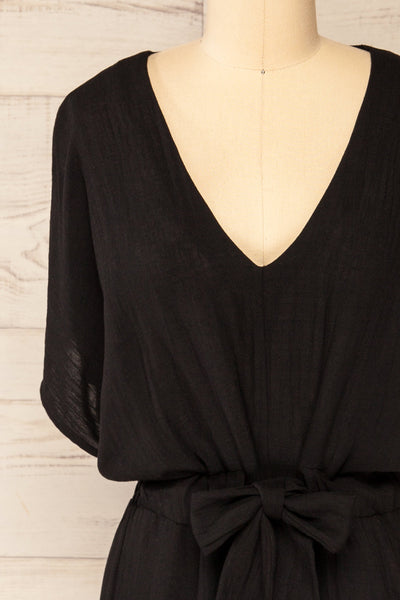 Naousa Black V-Neck Short Sleeve Dress | La petite garçonne front close-up