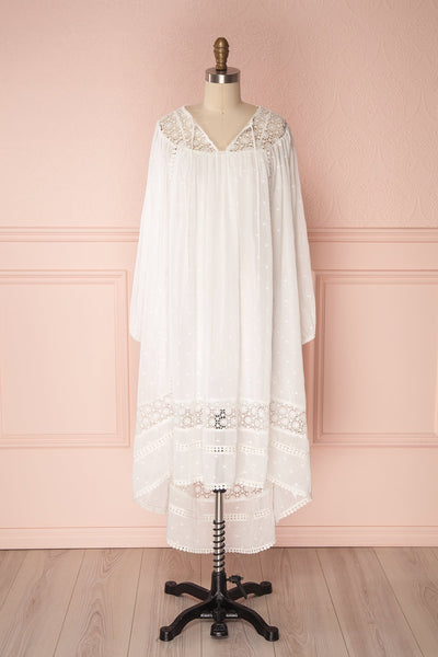 Narimen Ivory Chiffon & Embroidery Bohemian Midi Dress front open | Boutique 1861