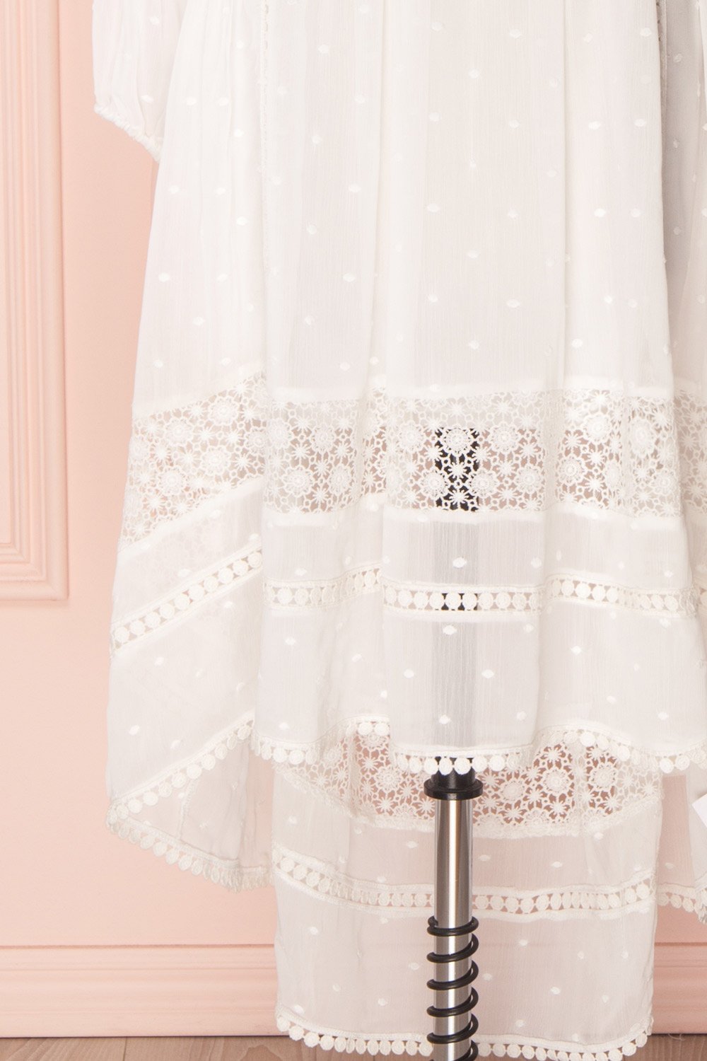 Narimen Ivory Chiffon & Embroidery Bohemian Midi Dress bottom | Boutique 1861