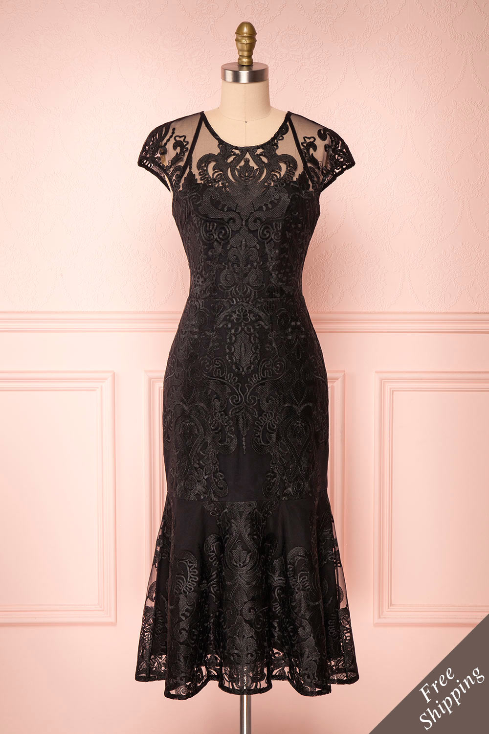 Narita Black Lace Fitted Midi Cocktail Dress | Boutique 1861