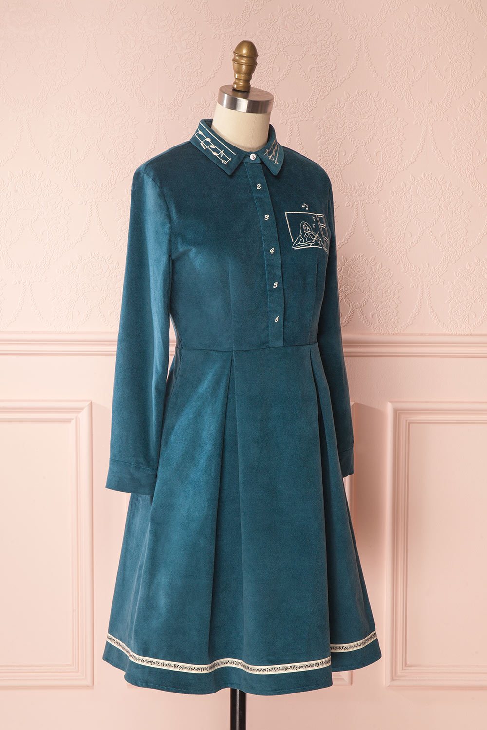 Narumi Teal Button-Up A-line Dress with Embroidery | Boutique 1861