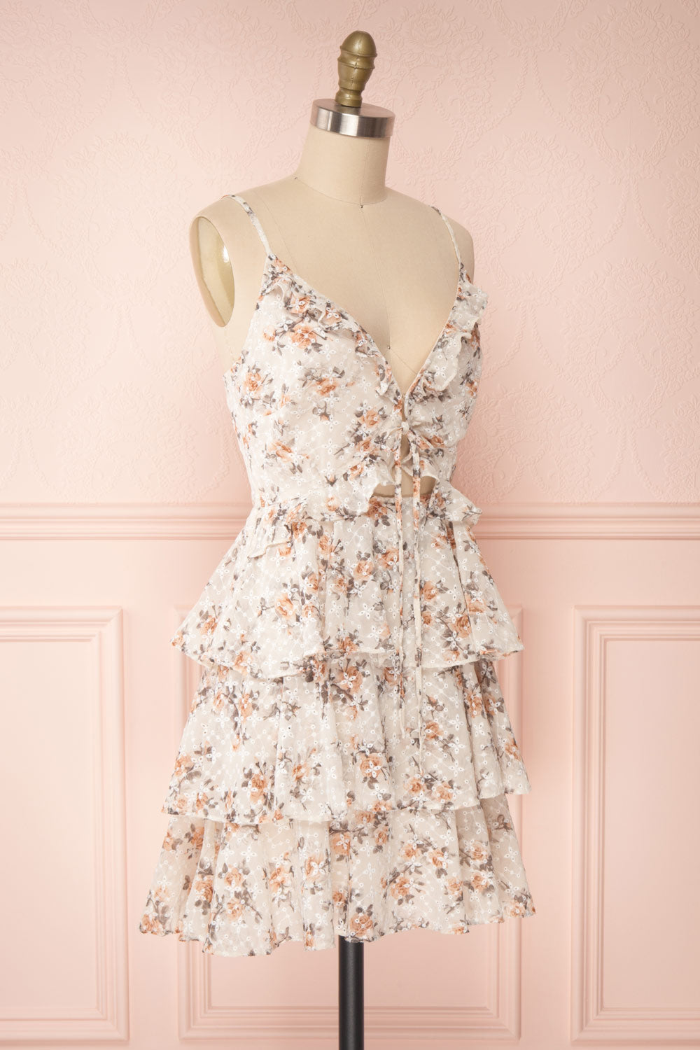 Natane Short Beige Floral Dress w/ Frills | Boutique 1861 side view