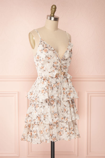 Natane Short Beige Floral Dress w/ Frills | Boutique 1861 side view