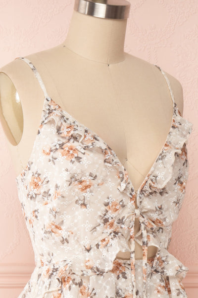 Natane Short Beige Floral Dress w/ Frills | Boutique 1861 side close up
