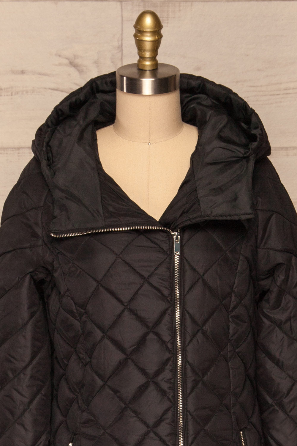 Natasiya Black Hooded Long Quilted Coat | La Petite Garçonne front close-up open 