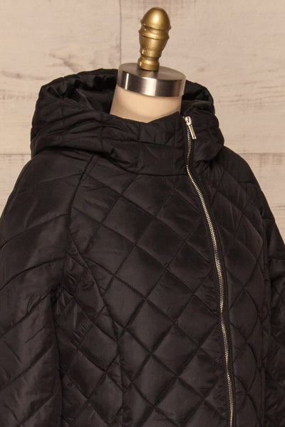 Natasiya Black Hooded Long Quilted Coat | La Petite Garçonne side close-up