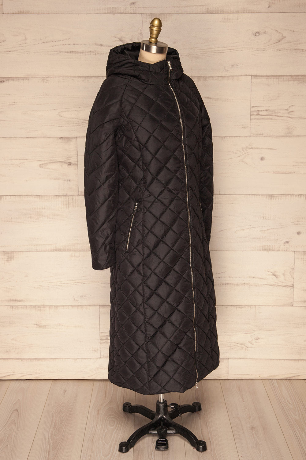 Natasiya Black Hooded Long Quilted Coat | La Petite Garçonne side view 