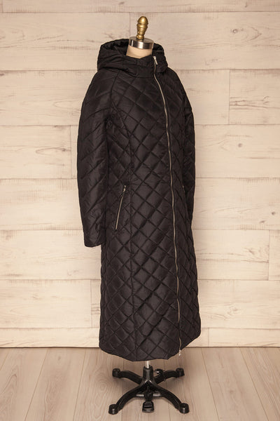 Natasiya Black Hooded Long Quilted Coat | La Petite Garçonne side view