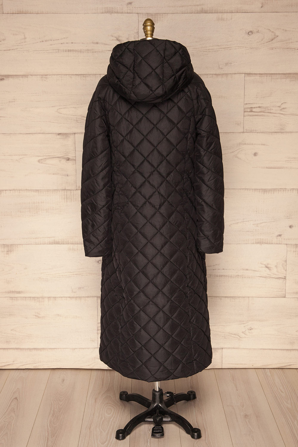 Natasiya Black Hooded Long Quilted Coat | La Petite Garçonne back view 