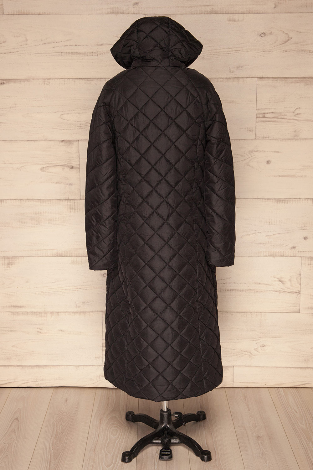 Natasiya Black Hooded Long Quilted Coat | La Petite Garçonne back view hood 