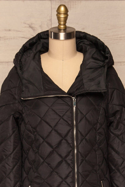 Natasiya Black Hooded Long Quilted Coat | La Petite Garçonne front close-up open