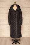 Natasiya Black Hooded Long Quilted Coat | La Petite Garçonne  front view open