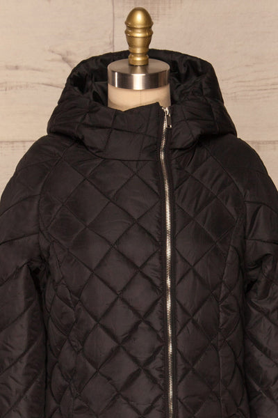 Natasiya Black Hooded Long Quilted Coat | La Petite Garçonne front close-up