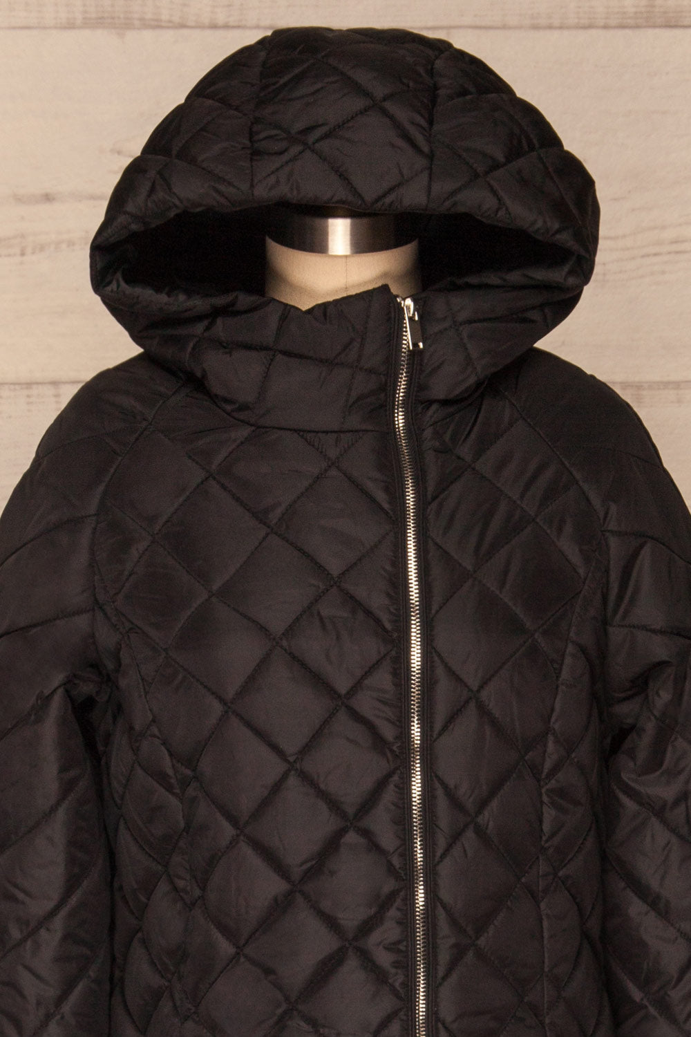 Natasiya Black Hooded Long Quilted Coat | La Petite Garçonne front close-up hood 