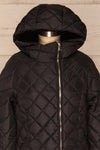 Natasiya Black Hooded Long Quilted Coat | La Petite Garçonne front close-up hood