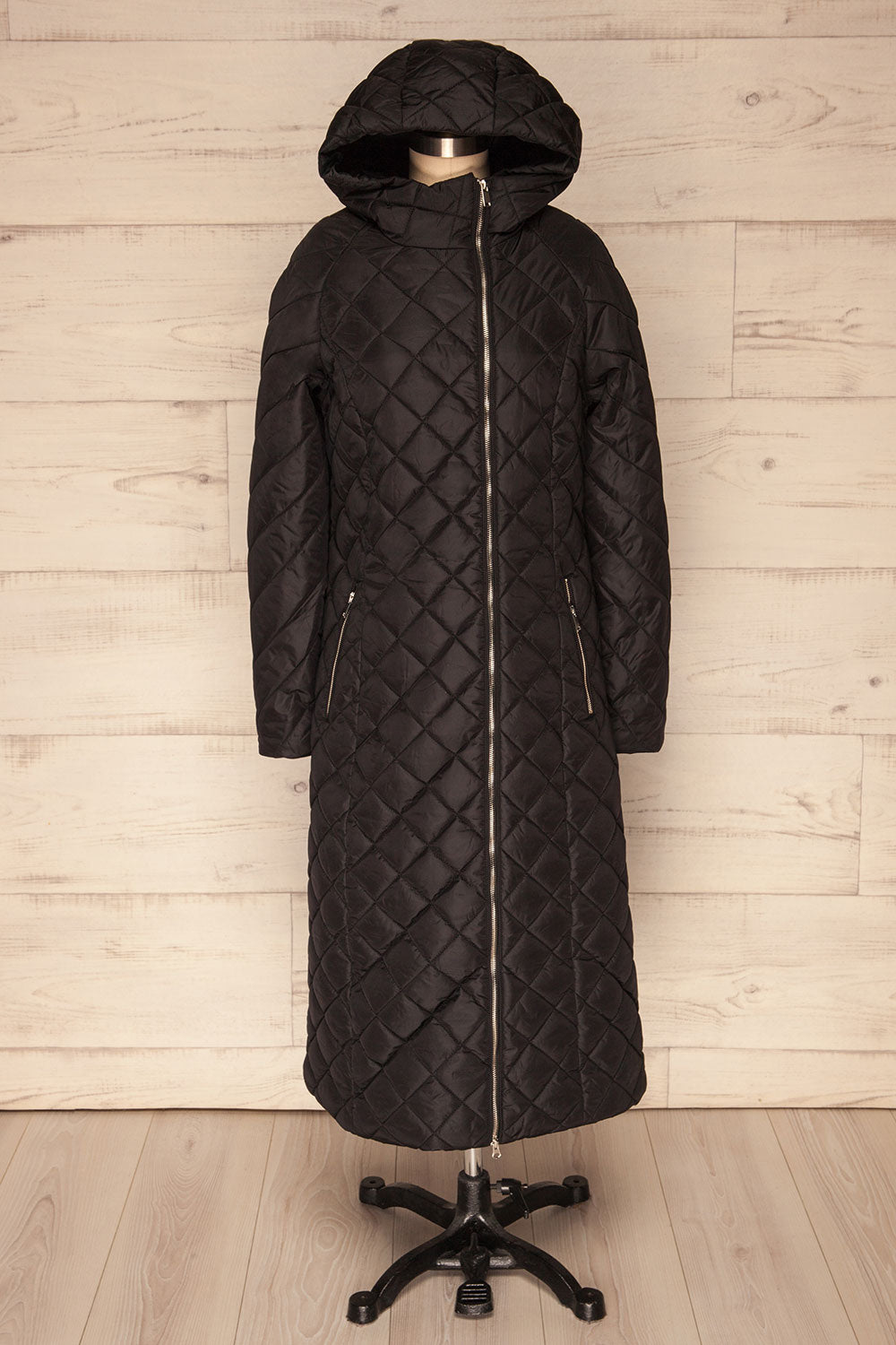 Natasiya Black Hooded Long Quilted Coat | La Petite Garçonne front view hood 