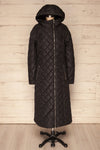 Natasiya Black Hooded Long Quilted Coat | La Petite Garçonne front view hood