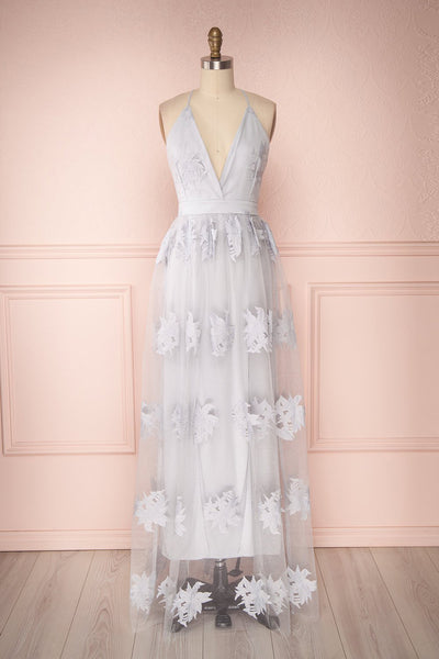 Naura Blue Grey Embroidered Tulle Maxi Dress | Boutique 1861