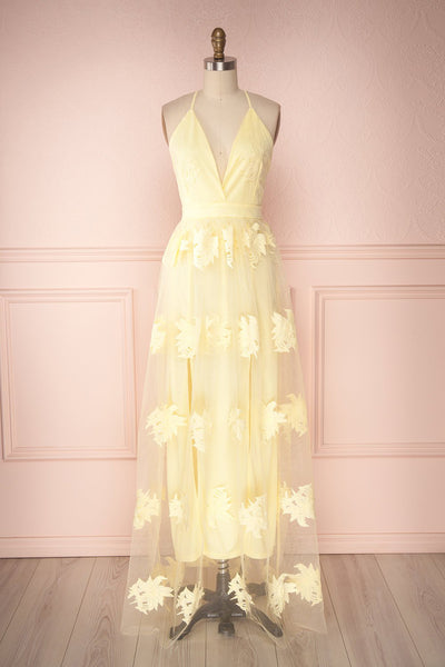 Naura Yellow Embroidered Tulle Maxi Dress | Boutique 1861