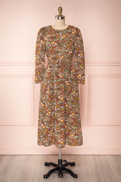 Nazayia Olive Green Floral Mid A-Line Dress | FRONT VIEW | Boutique 1861