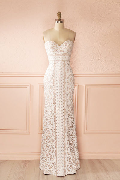 Nelda Neige - Cream lace bustier gown front view