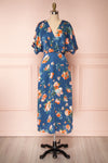 Nicolasa Blue Floral Satin A-Line Dress | Boutique 1861 front view