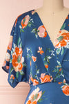 Nicolasa Blue Floral Satin A-Line Dress | Boutique 1861 front close-up