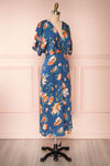 Nicolasa Blue Floral Satin A-Line Dress | Boutique 1861 side view