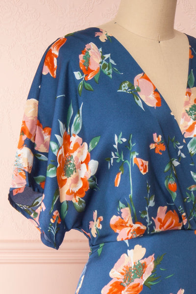 Nicolasa Blue Floral Satin A-Line Dress | Boutique 1861 side close-up