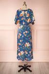Nicolasa Blue Floral Satin A-Line Dress | Boutique 1861 back view