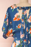 Nicolasa Blue Floral Satin A-Line Dress | Boutique 1861 back close-up