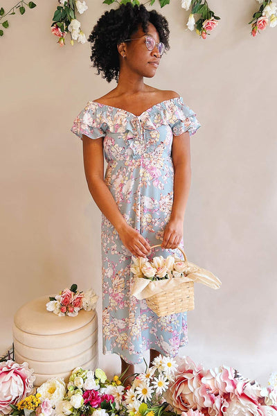 Nicole Blue Floral Midi Dress w/ Ruffles | Boutique 1861 on model