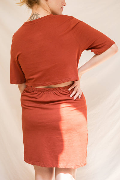 Nida Rust Orange Short Sleeve Fitted Short Dress | La petite garçonne model