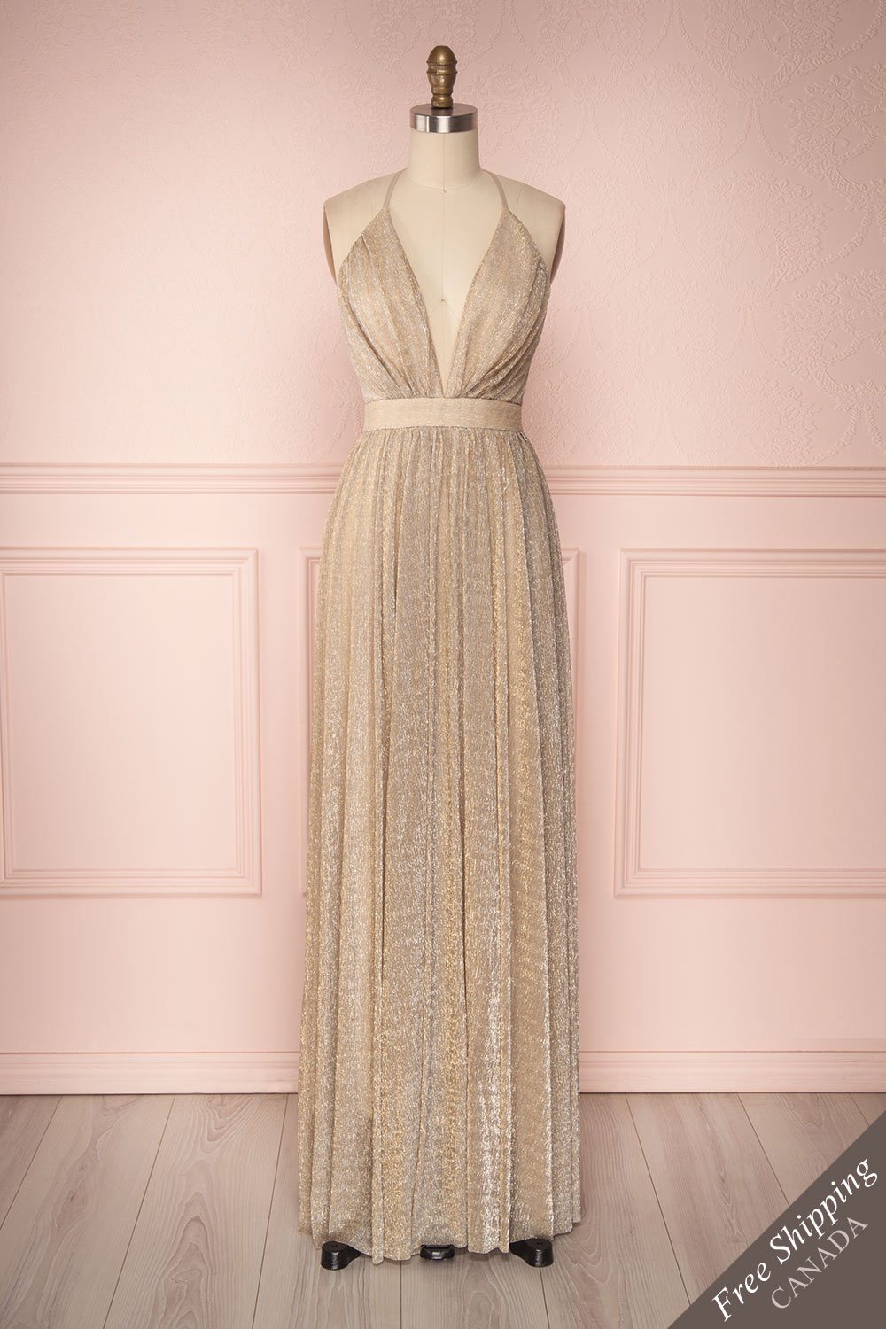Noella Gold Mesh Gown with Plunging Neckline | Boutique 1861