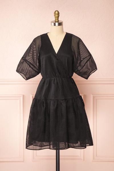 Nohemy Black Puffy Sleeve Wrap Dress | Boutique 1861 front view